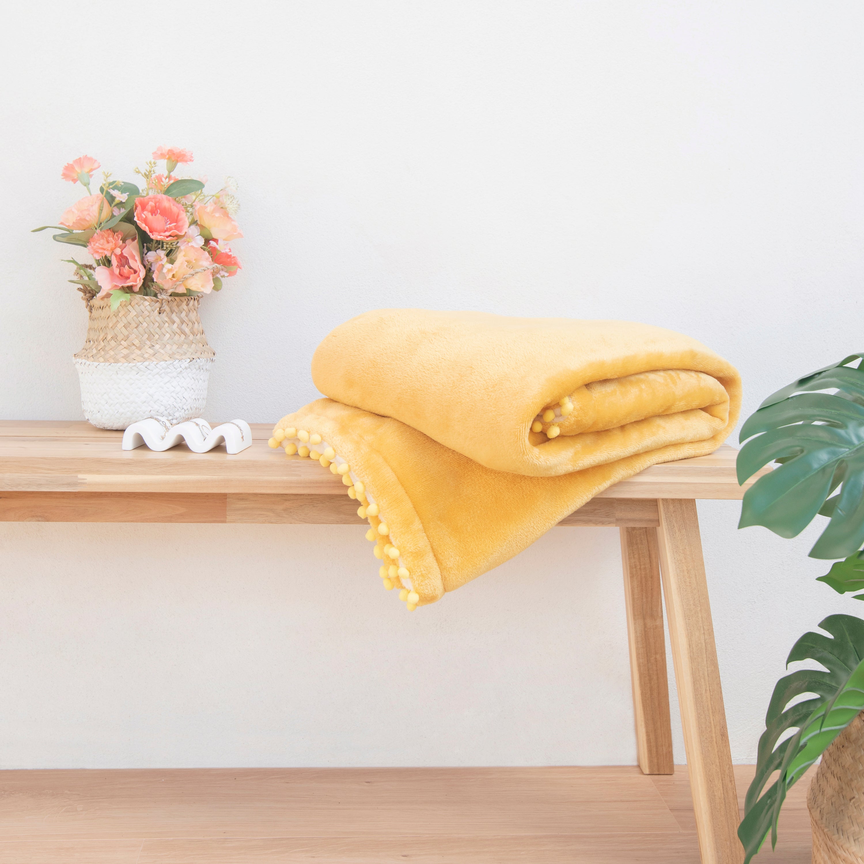 decorative throw blanket pom pom fringe edge reversible design yellow beige