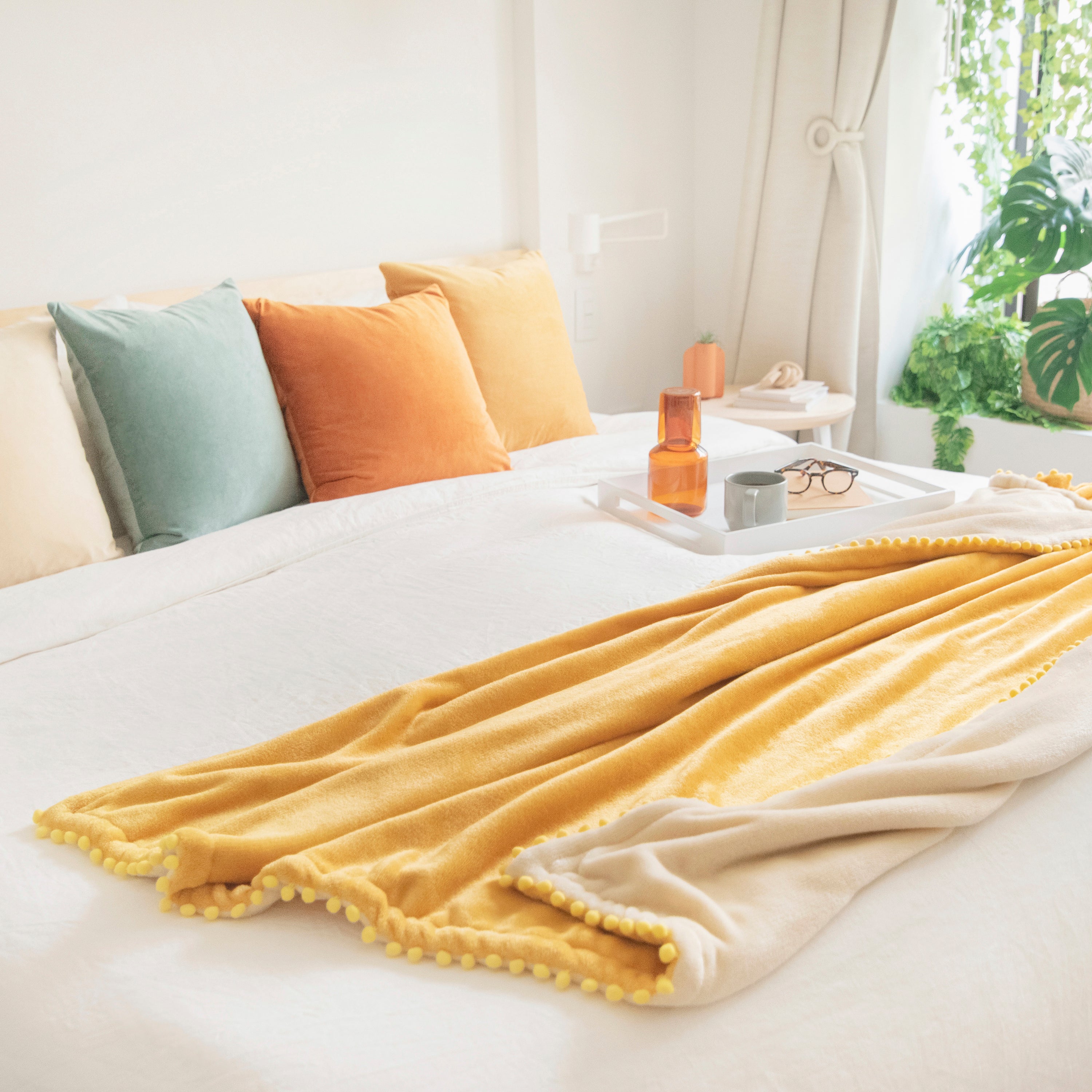 decorative throw blanket pom pom fringe edge reversible design yellow beige