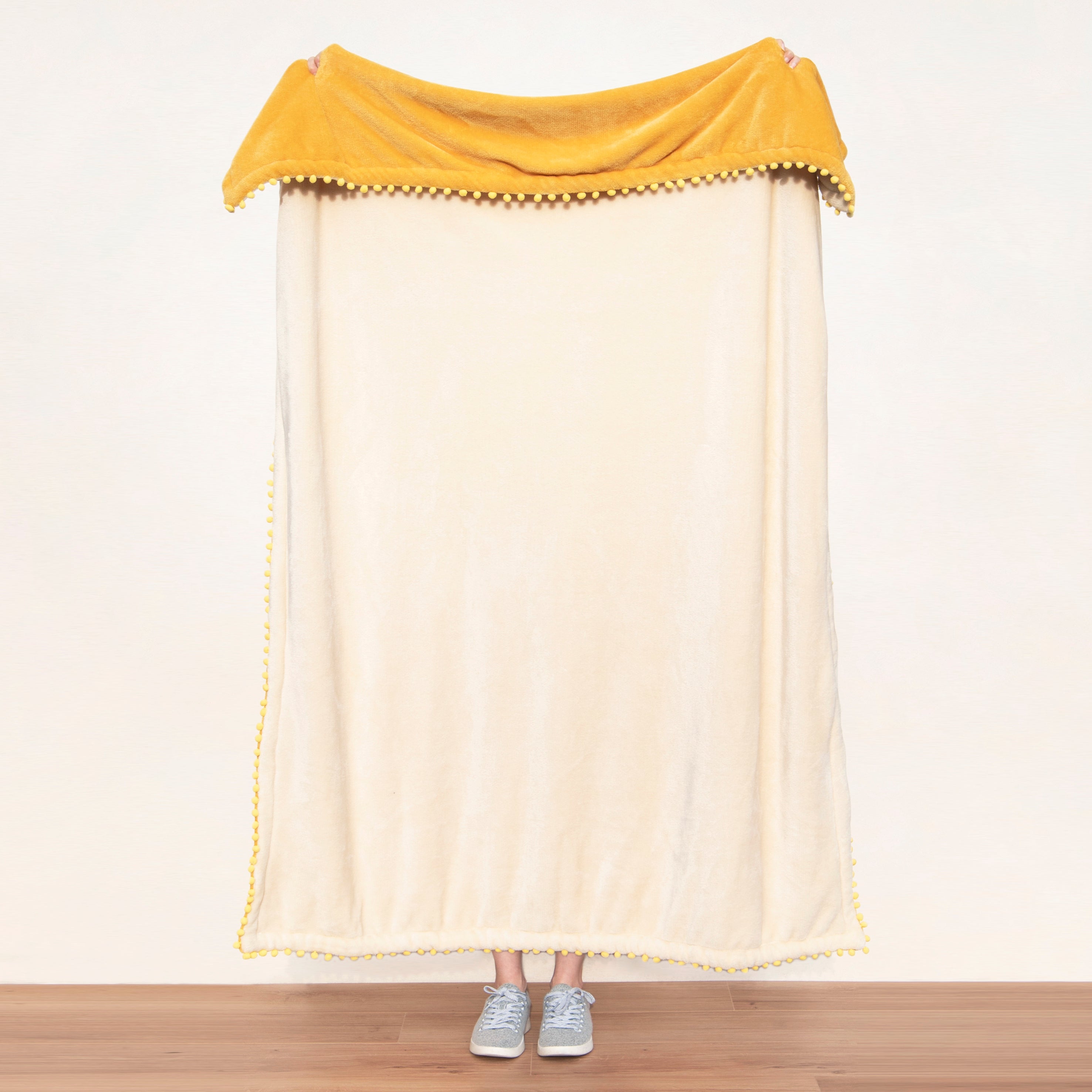 decorative throw blanket pom pom fringe edge reversible design yellow beige