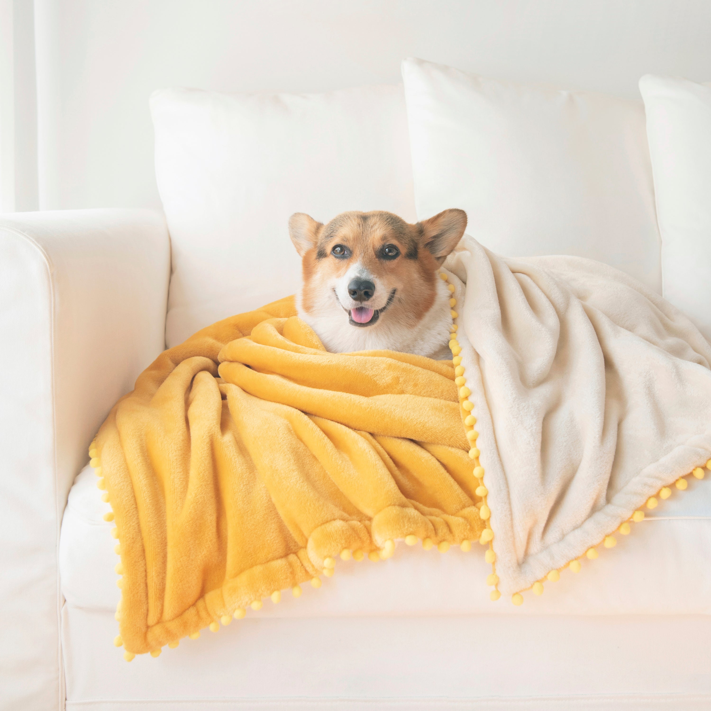 decorative throw blanket pom pom fringe edge reversible design yellow beige