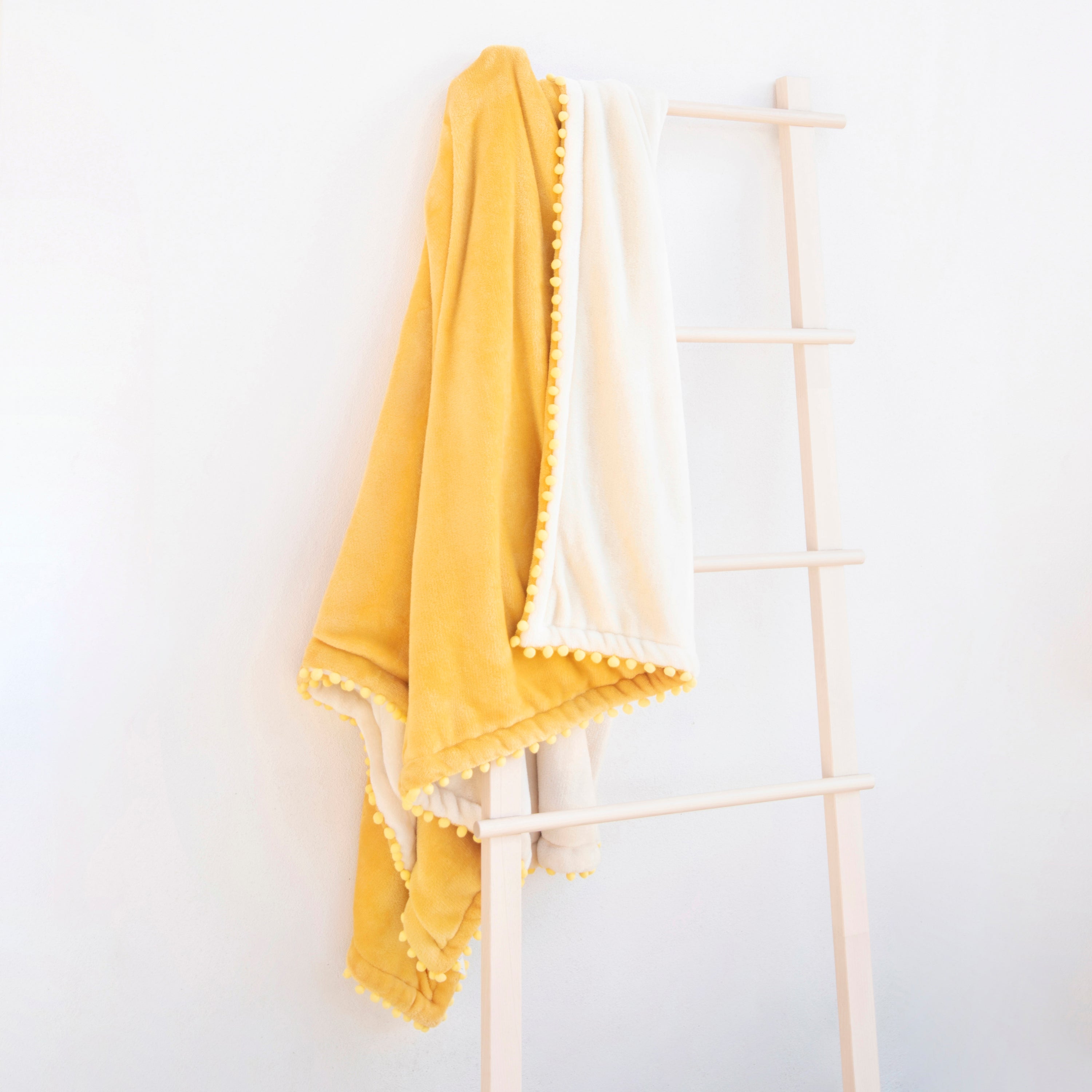 decorative throw blanket pom pom fringe edge reversible design yellow beige