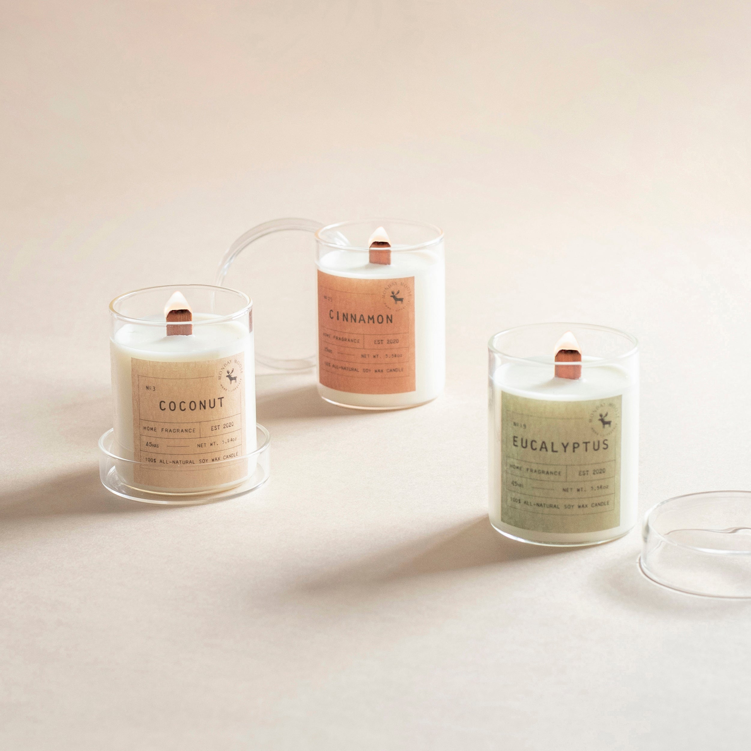 scented candle home fragrance set of three wood wick coconut eucalyptus cinnamon