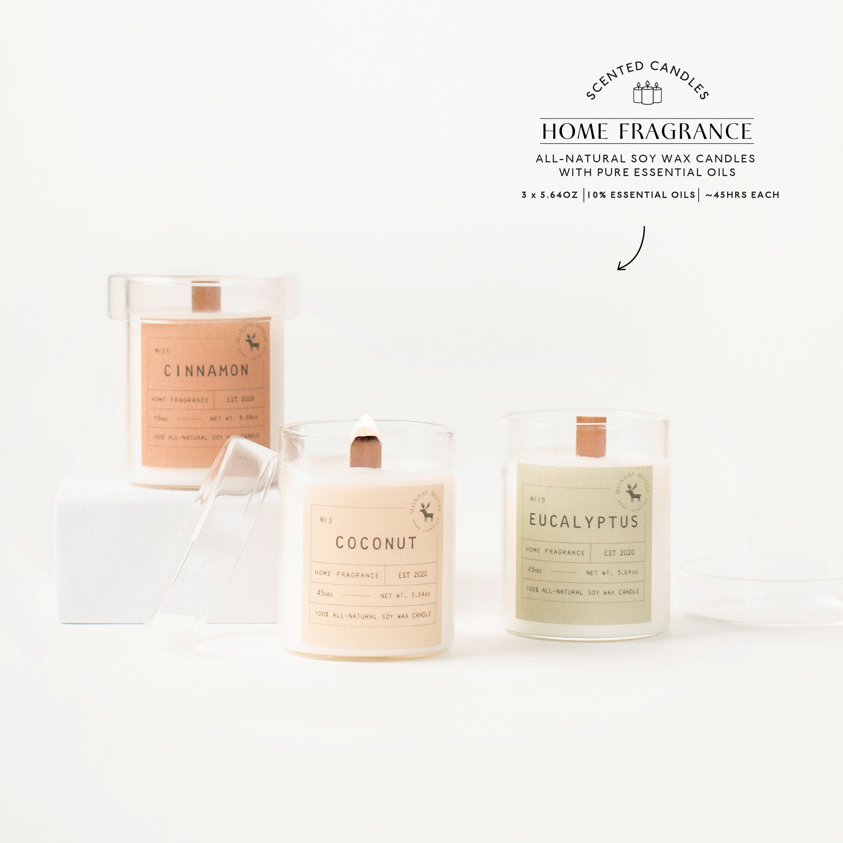 scented candle home fragrance set of three wood wick coconut eucalyptus cinnamon