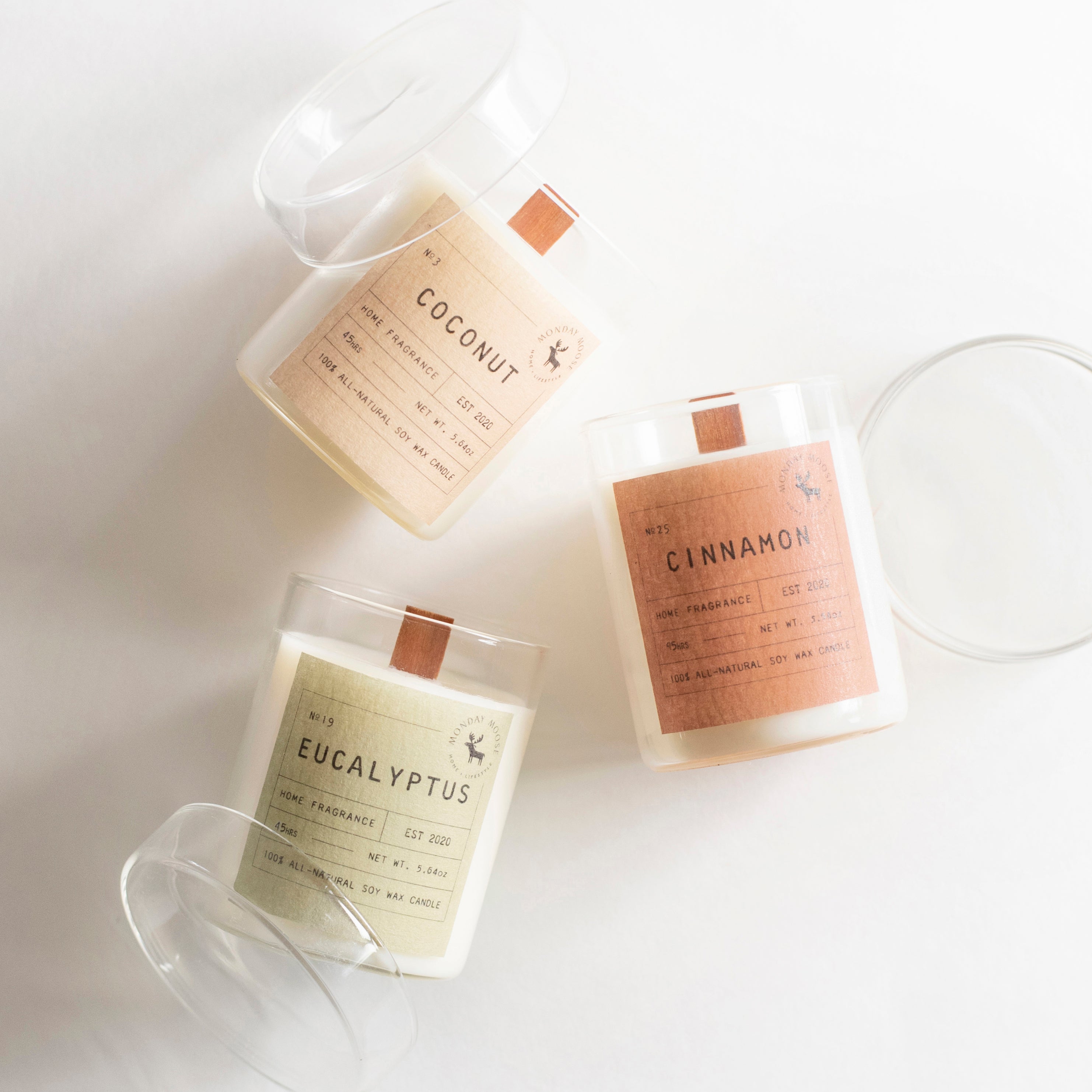 scented candle home fragrance set of three wood wick coconut eucalyptus cinnamon