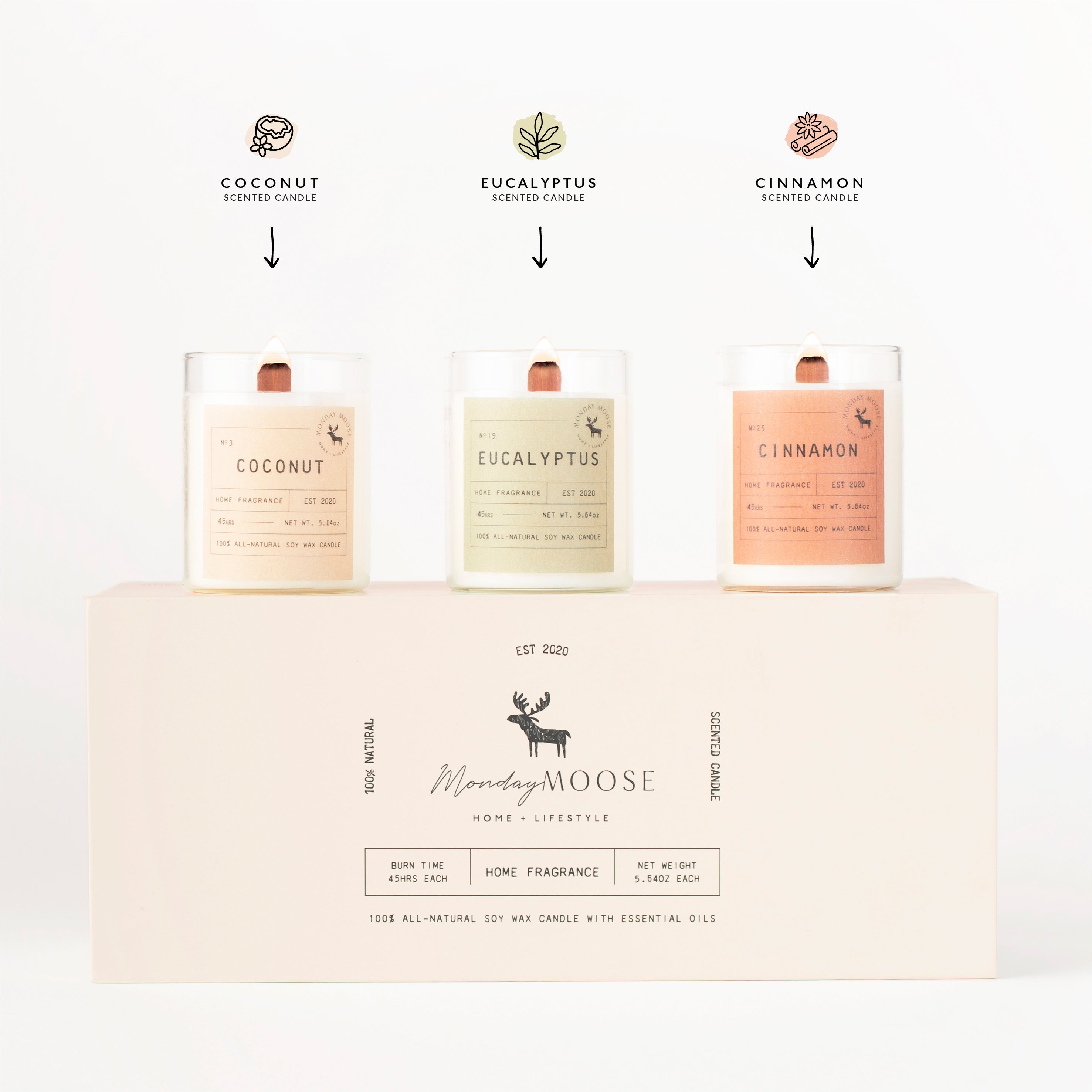 scented candle home fragrance set of three wood wick coconut eucalyptus cinnamon