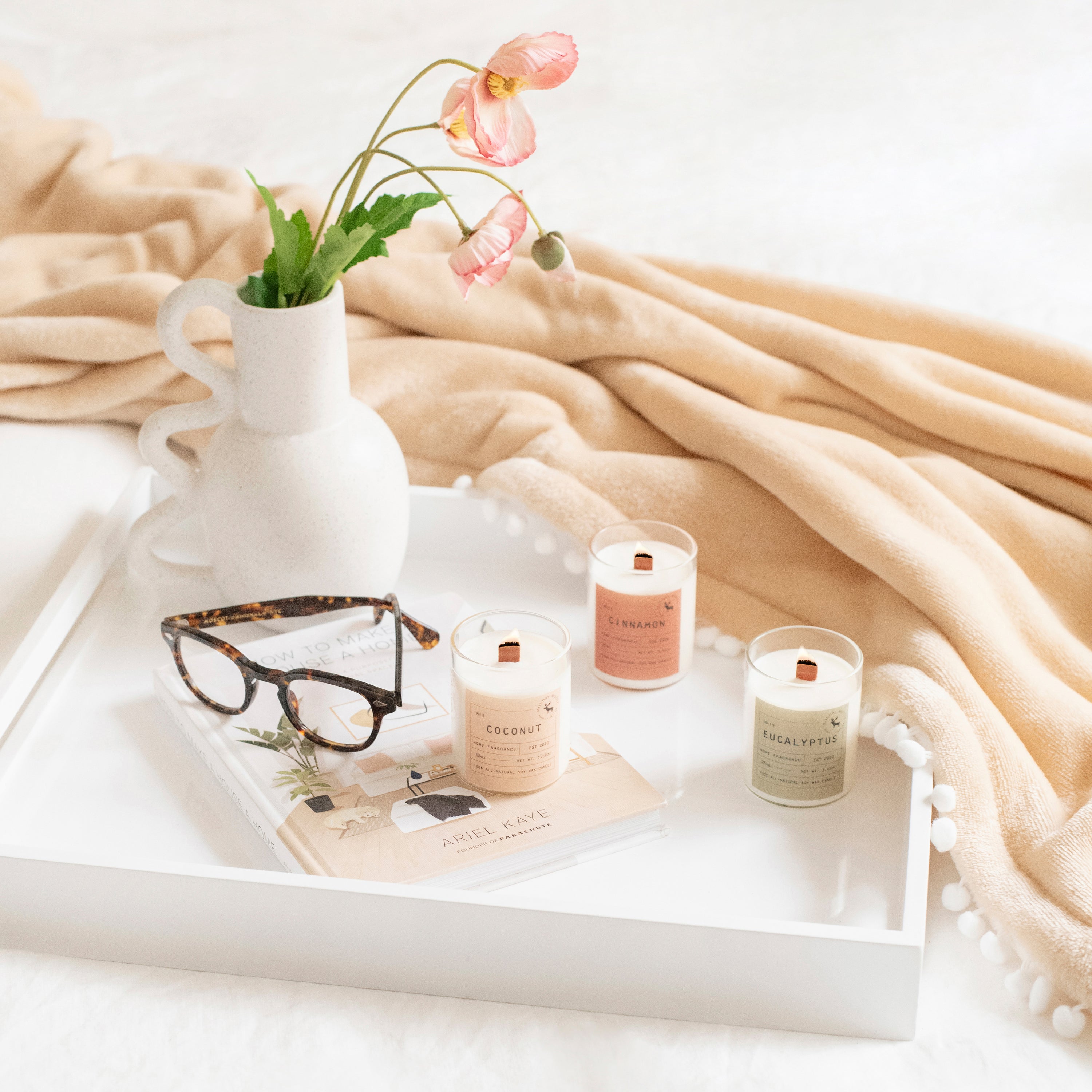 scented candle home fragrance set of three wood wick coconut eucalyptus cinnamon
