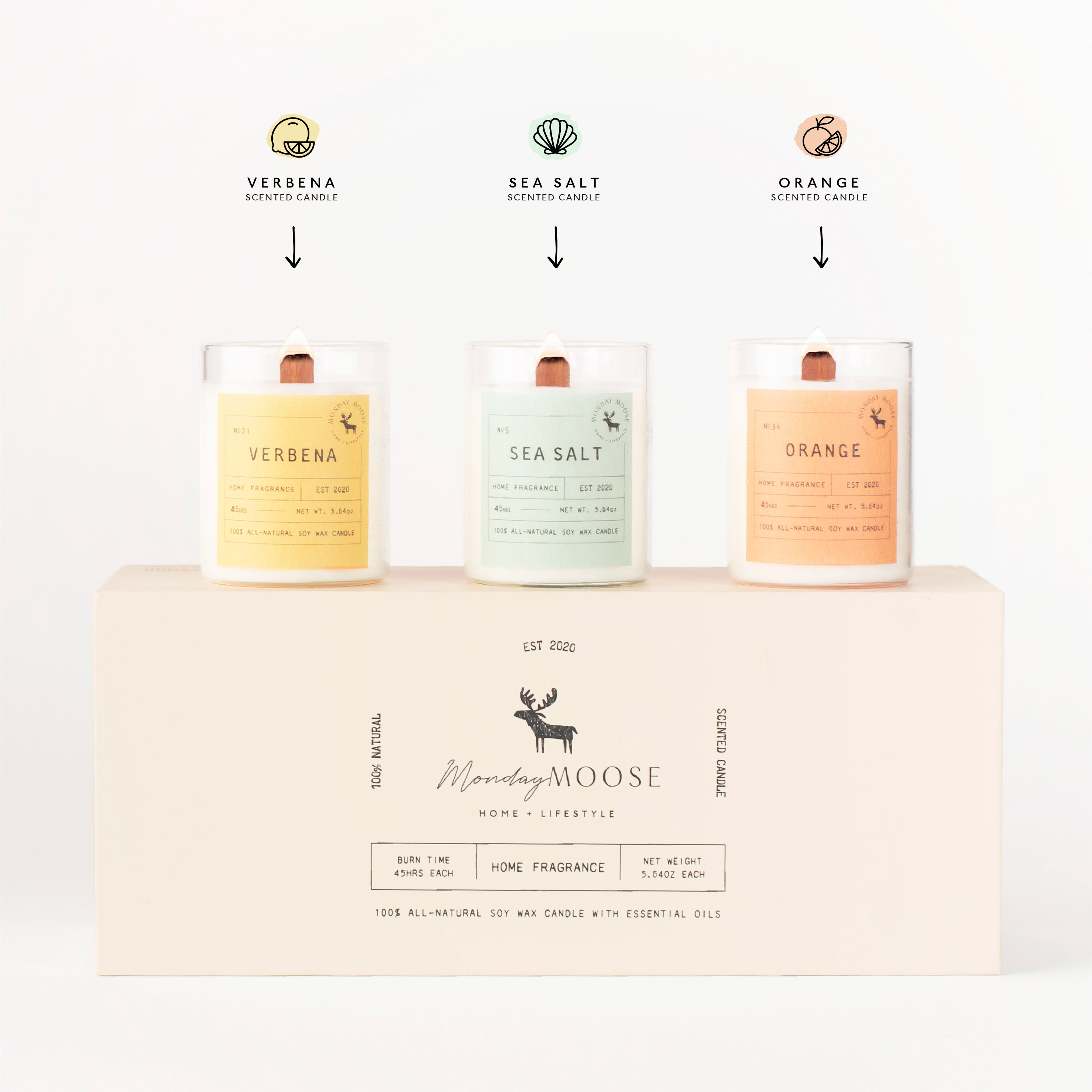 scented candle home fragrance set of three wood wick verbena sea salt orange