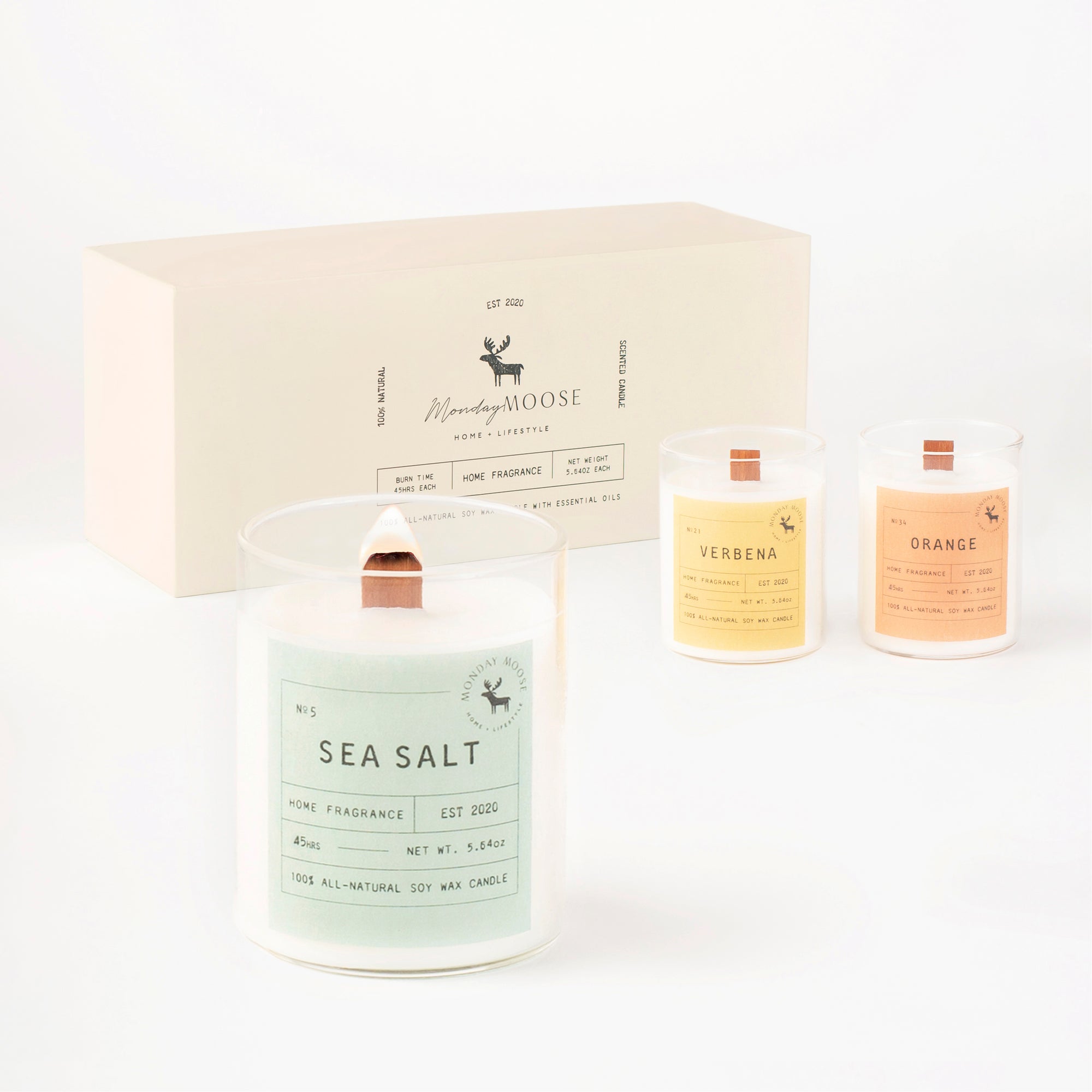 scented candle home fragrance set of three wood wick verbena sea salt orange