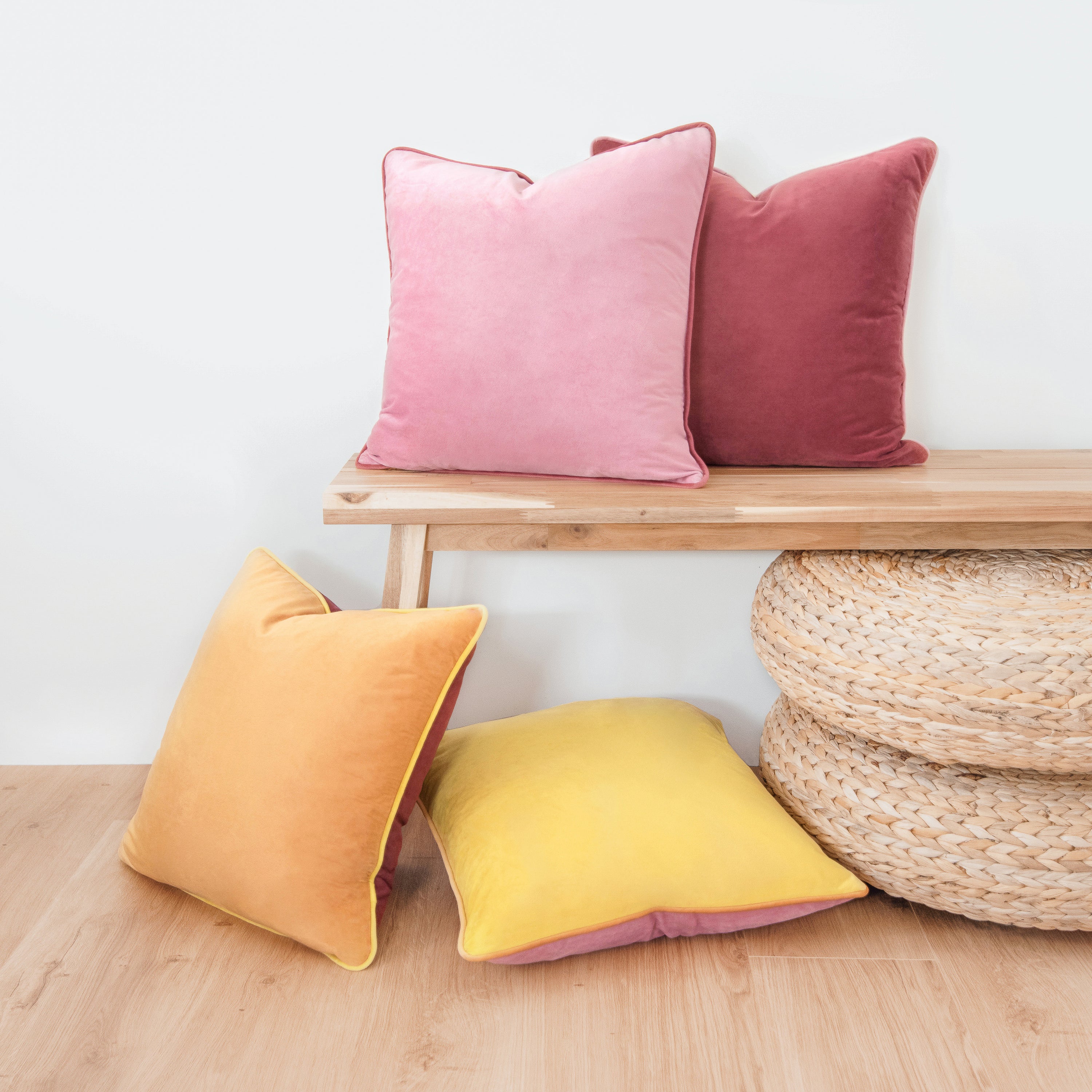 yellow ochre pink decorative throw pillow covers piping soft reversible square home decor