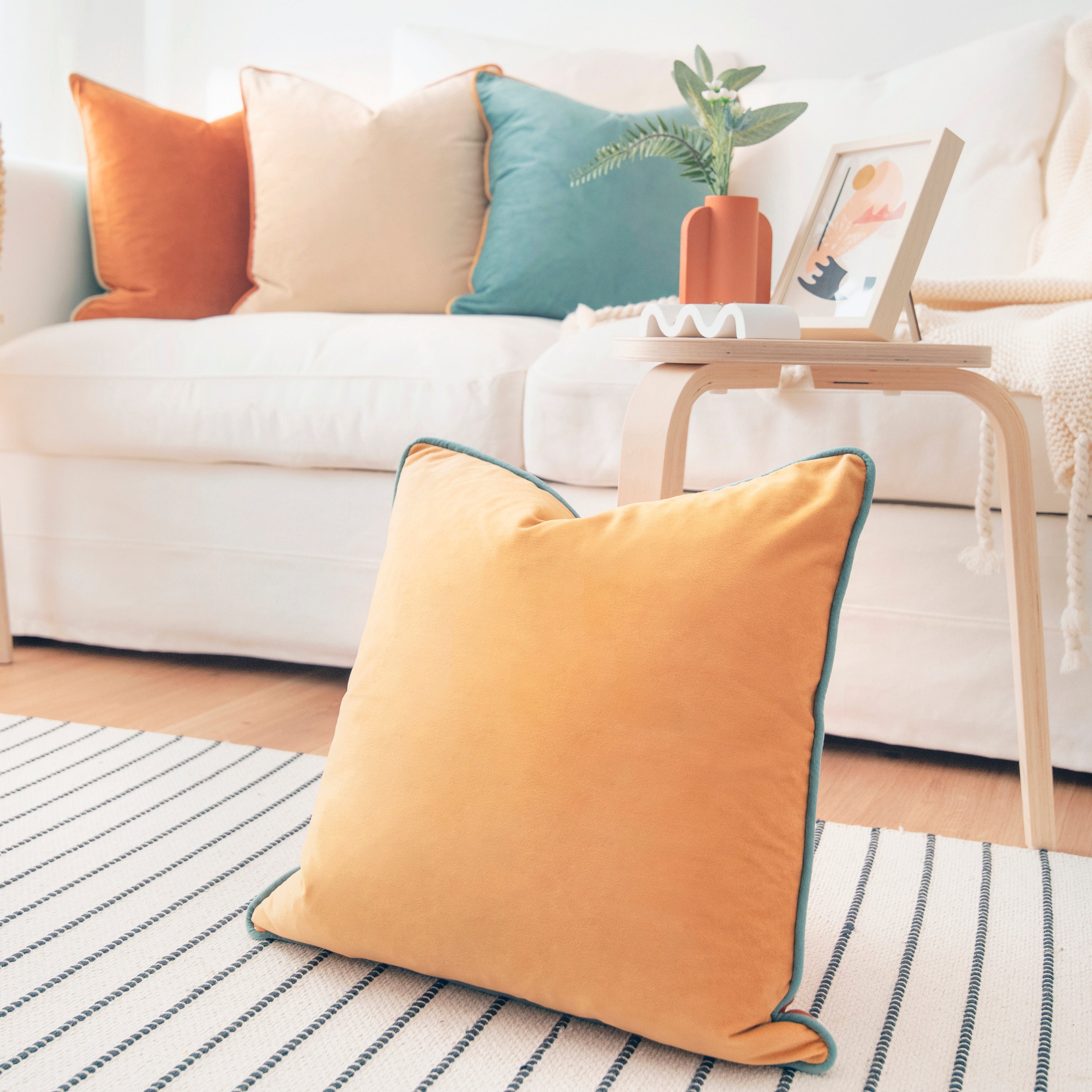 beige yellow teal orange decorative throw pillow covers piping soft reversible square home decor