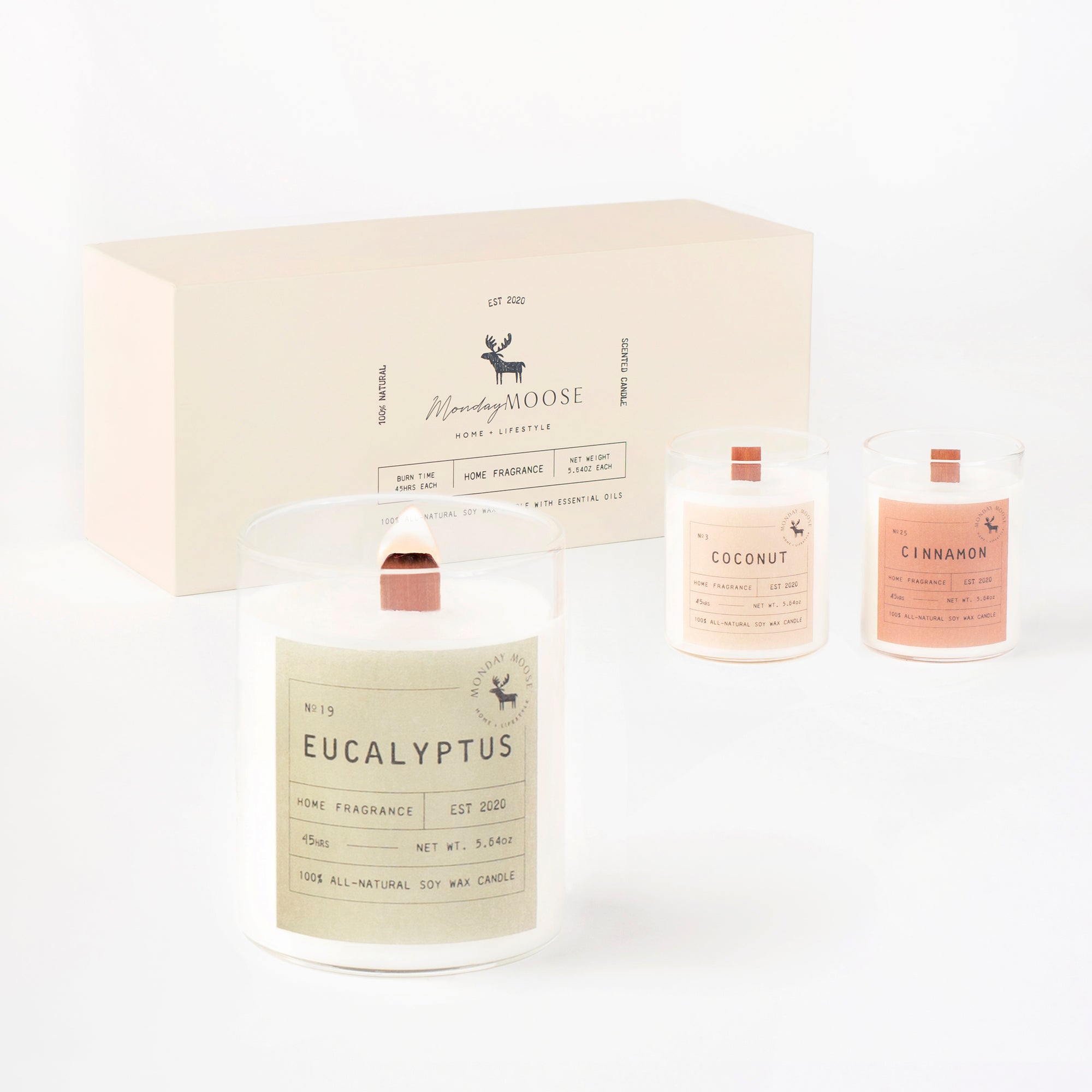 scented candle home fragrance set of three wood wick coconut eucalyptus cinnamon