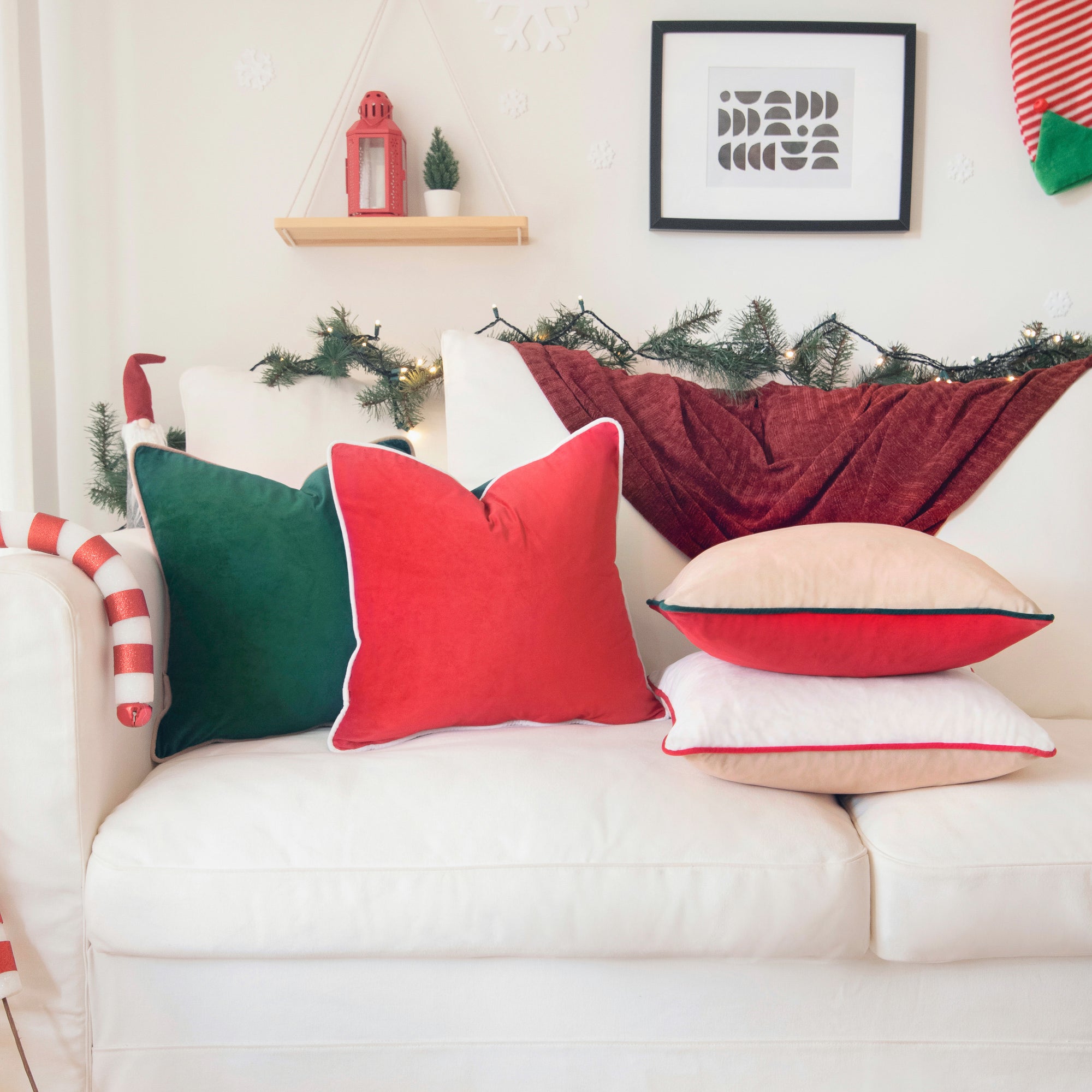 red green white Christmas decorative throw pillow covers piping soft reversible square home decor