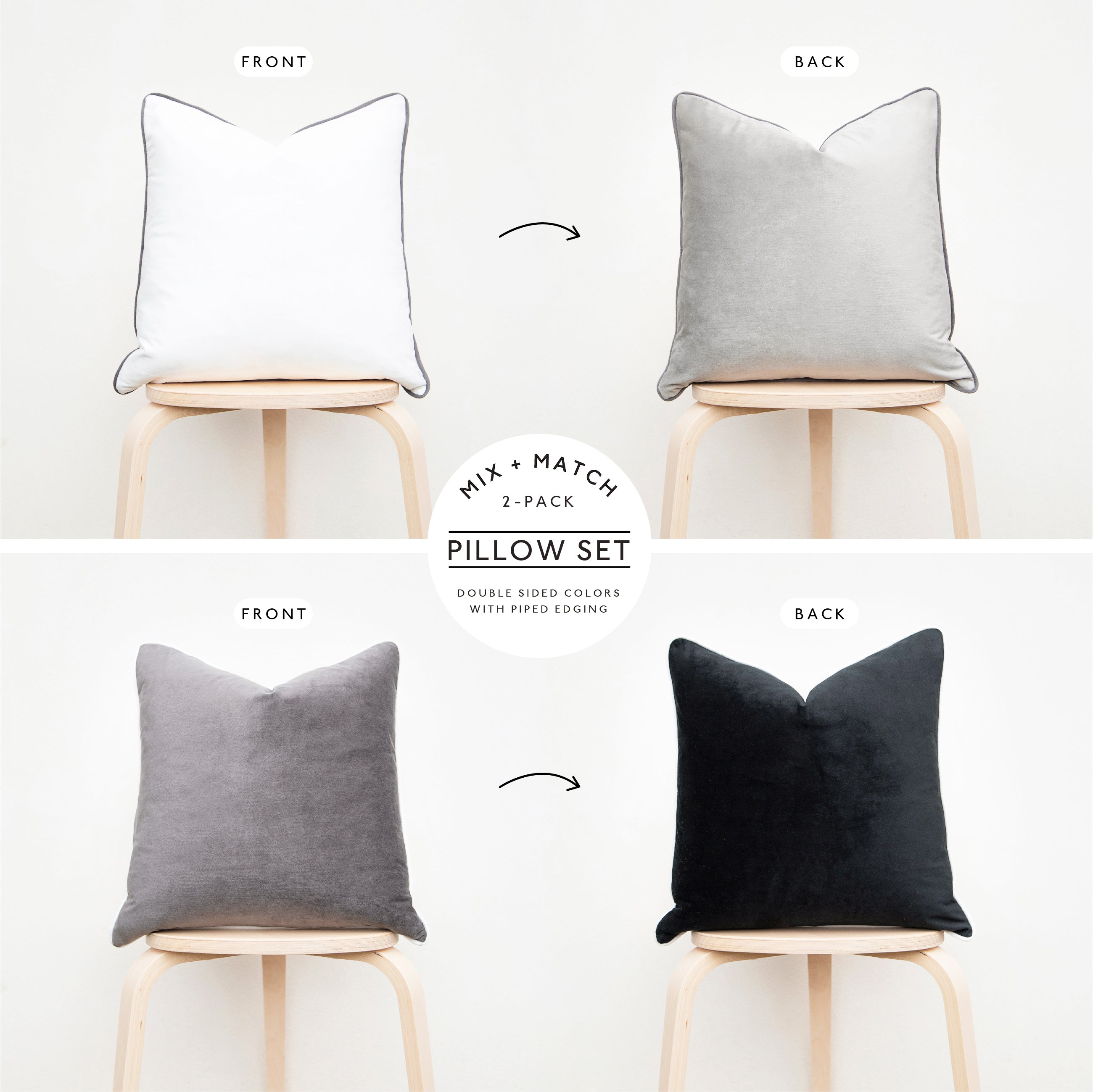black white gray piping velvet decorative throw pillow covers reversible home decor