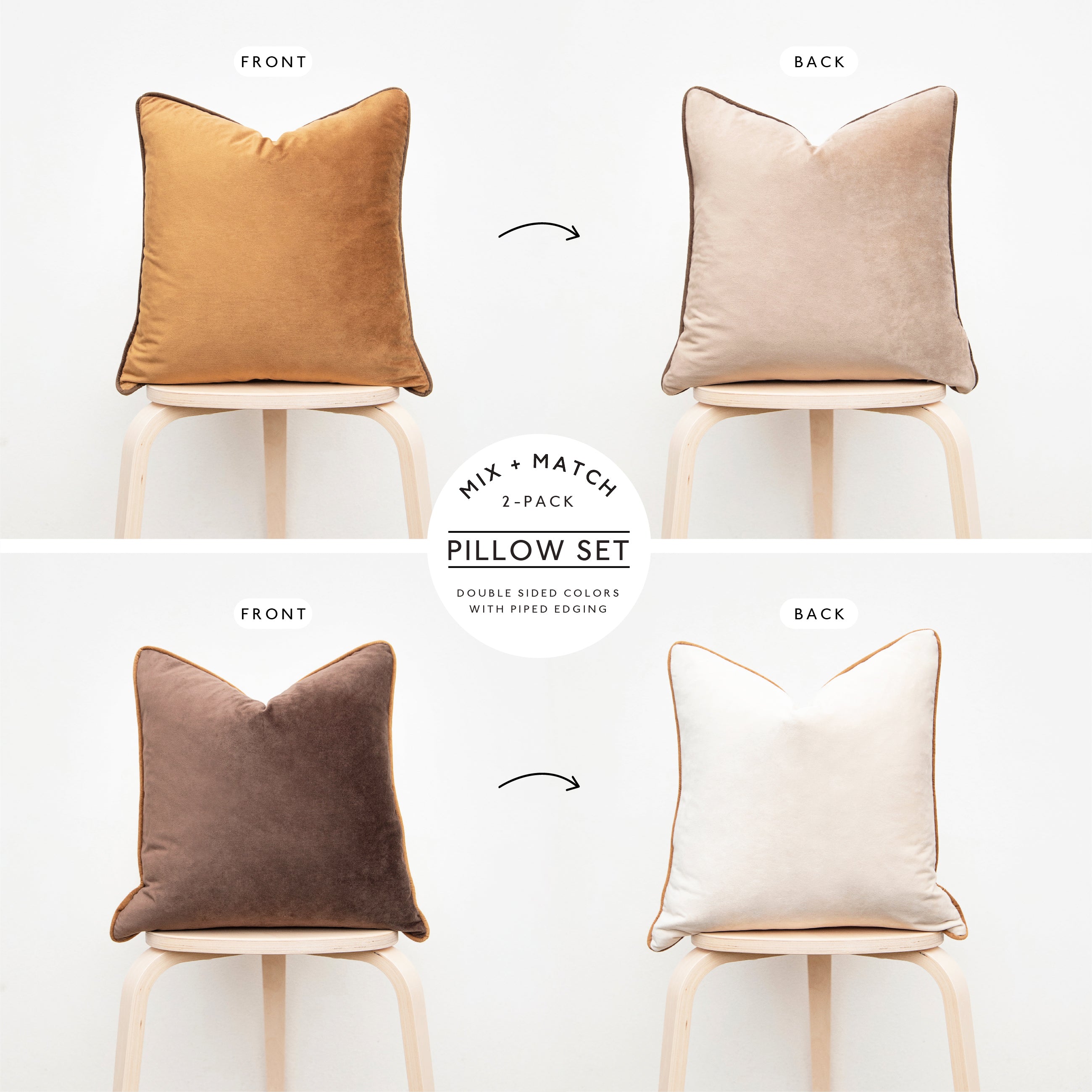 brown beige caramel decorative throw pillow covers piping soft reversible square home decor