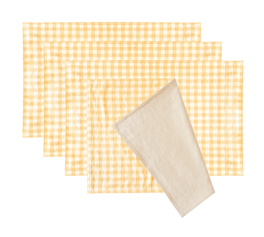 yellow beige white rectangle placemats gingham checkered reversible stonewashed cotton