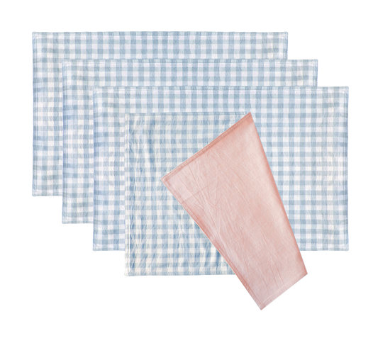blue clay white rectangle placemats gingham checkered reversible stonewashed cotton